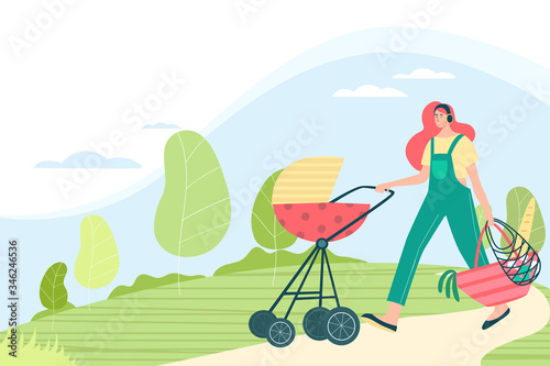 Woman walking with stroller and little baby inside in the park with trees on background. Female strolling and listeing to music, radio, podcasts, online streaming.