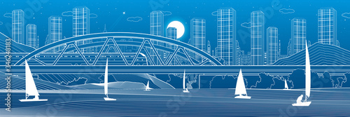 Railway bridge over the river. Train rides. Sailing boats on the water. Outline urban illustration. Evening city scene. Town cityscape. White lines on blue background. Vector design art