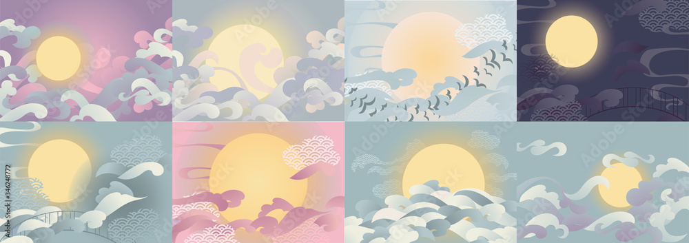 Vector illustration backgrounds set for chinese valentine Qixi festival with couds and full moon. Vector illustration backgrounds set for chinese valentine Qixi festival with couds and full moon.