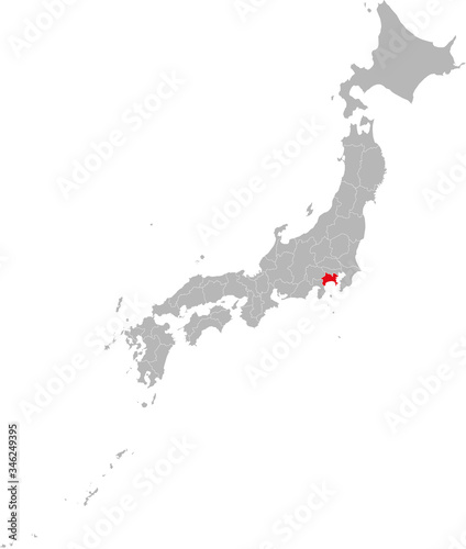 Kanagawa province highlighted red on Japan map. Gray background. Business concepts and backgrounds.