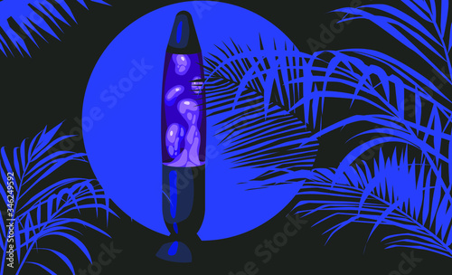 Palm tree silhouette and glowing neon lava lamp.