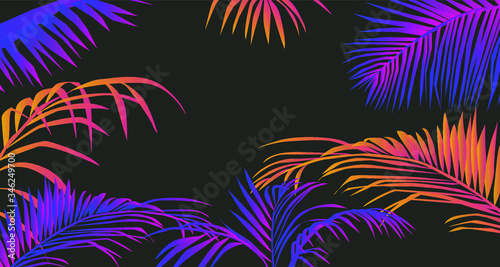 Tropical summer landscape with coconut palm trees or ferns. Lounge atmosphere on vacations. Vaporwave and retrowave style illustration for print or cover.