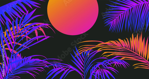 Tropical summer sunset landscape with coconut palm trees or ferns. Lounge atmosphere on vacations.Vaporwave and retrowave style illustration for print or cover.