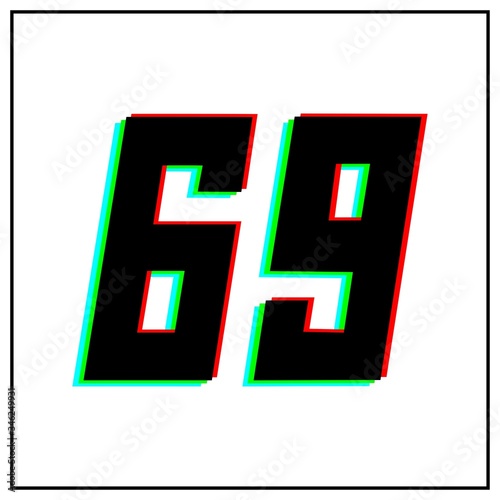 Number 69, sixty nine vector desing logo.Dynamic, split-color, shadow of number red, green, blue in black frame on white background.For social media,design elements, anniversary celebration greeting