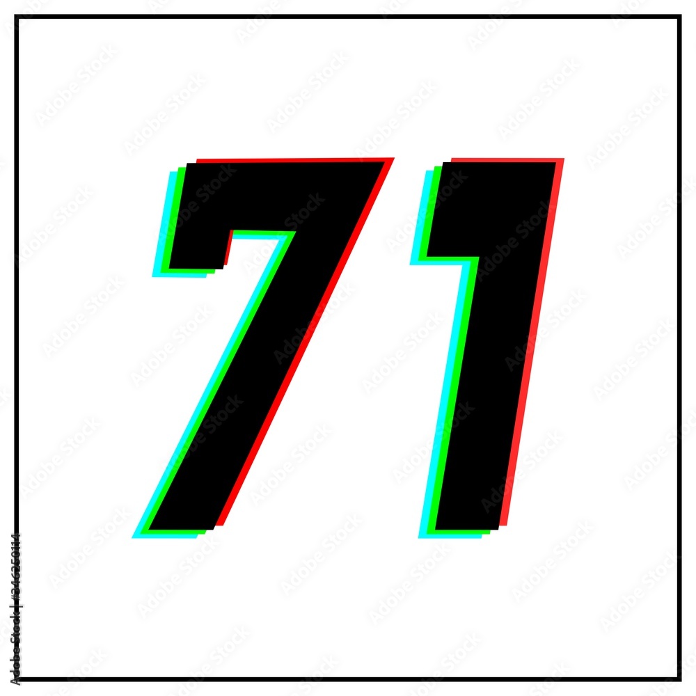 Number 71, seventy one vector desing logo.Dynamic, split-color, shadow of number red, green, blue in black frame on white background.For social media,design elements, anniversary celebration greeting Number 71, seventy one vector desing logo.Dynamic, split-color, shadow of number red, green, blue in black frame on white background.For social media,design elements, anniversary celebration greeting