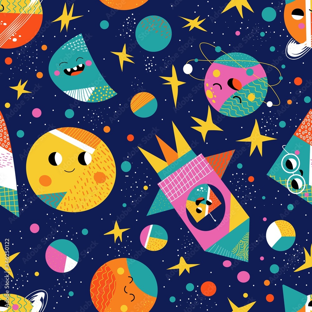 Cute space flat cartoon seamless pattern vector Cute space flat cartoon seamless pattern vector