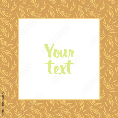 Square frame; abstract beige twigs on orange background; frame for greeting cards, invitations, posters, banners, web design.