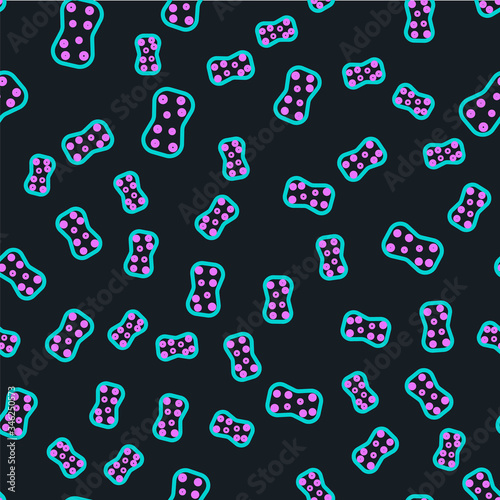 Line Sponge with bubbles icon isolated seamless pattern on black background. Wisp of bast for washing dishes. Cleaning service logo. Vector Illustration