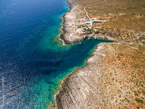 Aerial view of Porto Vromi beach in Zakynthos (Zante) island, in Greece