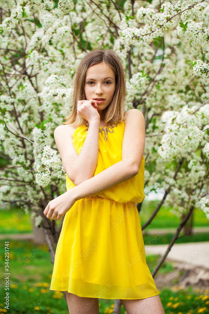 Young girl posing near blossom cherry tree with white flowers