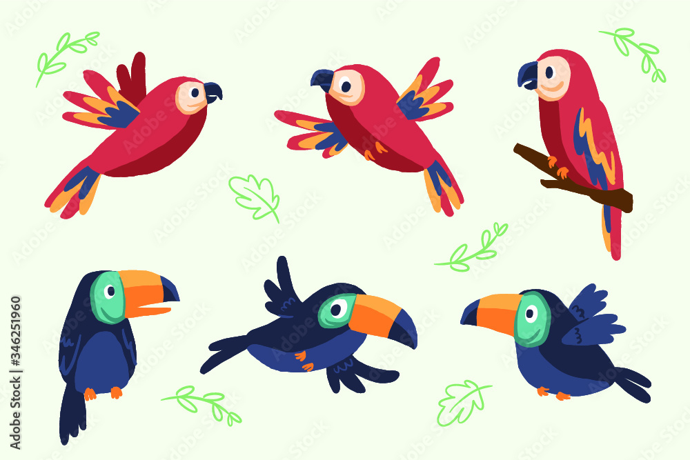 Fototapeta premium Cartoon tropical birds pattern premium vector illustration