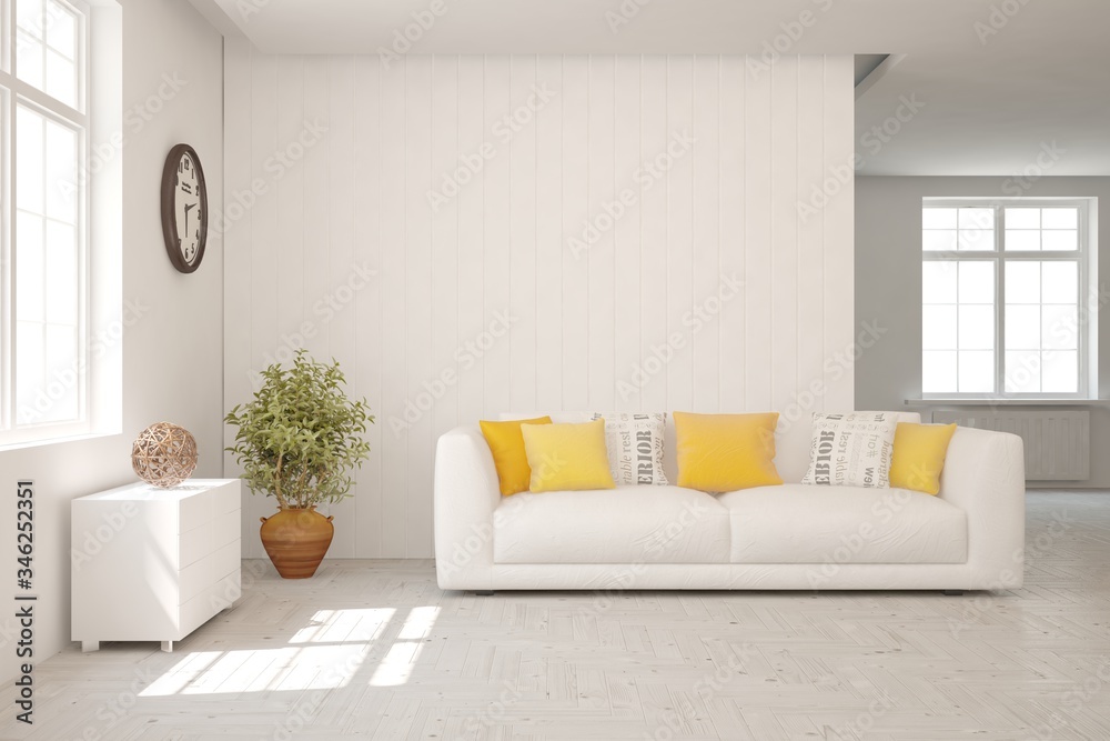 Fototapeta premium White living room with sofa. Scandinavian interior design. 3D illustration