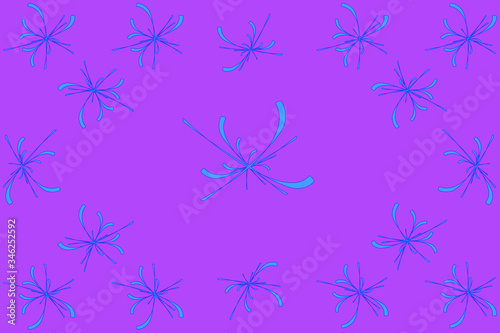 Abstract blue flowers collection at purple backdrop. Decoration plants. Composition with style foliage. Pastel botanical print. Spring herbs image. Textile elements, ornament, texture. Vector image. 