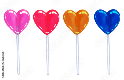 Multicolor lollipops with hearts on a white background. Hand-drawn illustration.