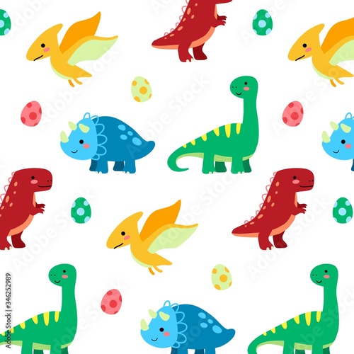 Flat dinosaurs and egg seamless pattern on a white background. texture for print wallpaper, wrapping, packing and backdrop. Premium Vector