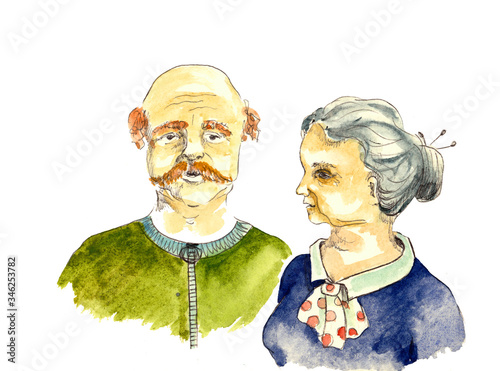 Old man and woman isolated on white background. Granny and granddad sitting together. Watercolor hand painted illustration.