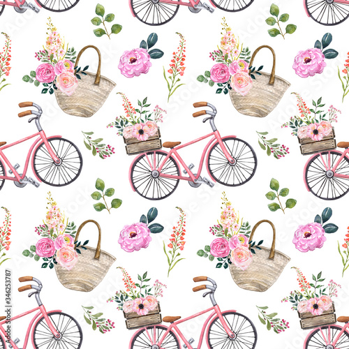 Watercolor shabby chic vintage style pattern with floral bicycle and pretty p...