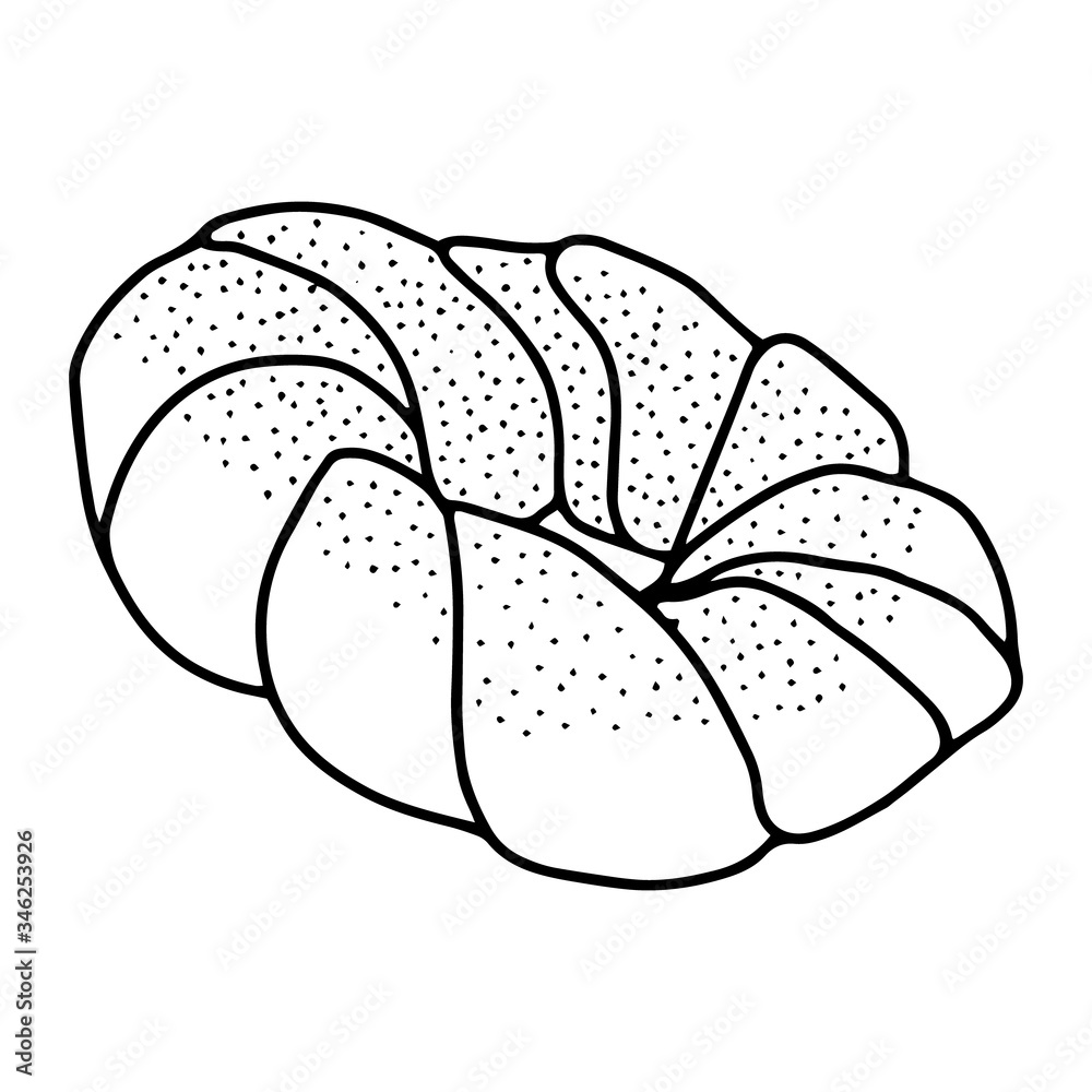 Twisted roll.Cakes in the style of Doodle.Outline drawing by hand.Black and white image.Monochrome.Bakery.Sweets.Sponge roll with poppy seeds.Vector illustration.