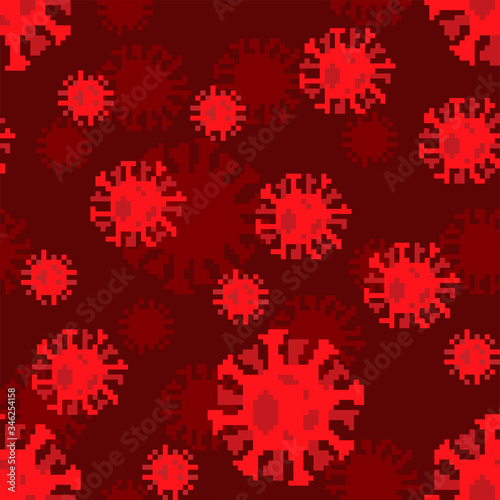 Coronavirus pixel art pattern seamless. 8 bit virus background. Global epidemic disease 2019-nCoV ornament virus. Pixelate Pandemic concept texture