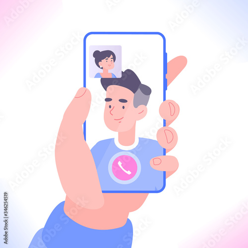 Video call or video conference on smartphone concept. Hand holding smartphone. People communicate online with mobile app on phone. Social distance and  working from home concept, vector illustration