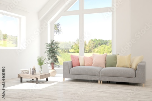 White living room with sofa and summer landscape in window. Scandinavian interior design. 3D illustration