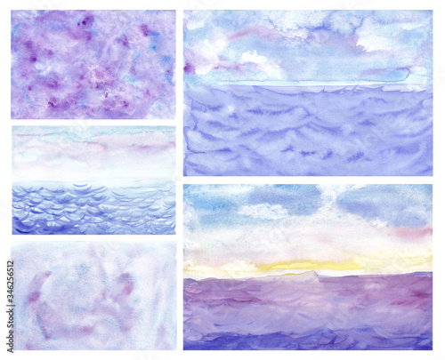 watercolor collage purple sea landscape abstract blurred background