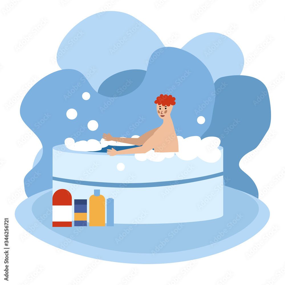 Man relaxing in a jacuzzi, spa accessories. a lot of foam. Soap bubbles fly. Vector illustration in flat cartoon style. Man relaxing in a jacuzzi, spa accessories. a lot of foam. Soap bubbles fly. Vector illustration in flat cartoon style.