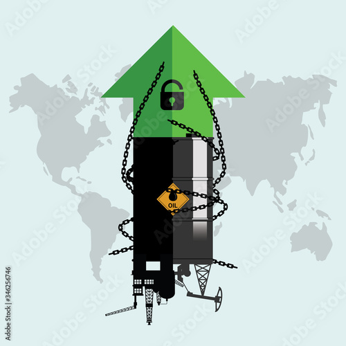 Gasoline, fuel, gas, petrol, oil stock value market demand price rise increase up because permitted unlocking. Design Rig, Winch, Oil Tank with unlock key, decline chains and green up arrow. Vector