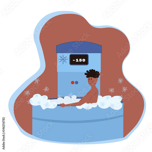 A man undergoes a full body cryotherapy course in a cryosauna. Vector illustration in cartoon flat style.