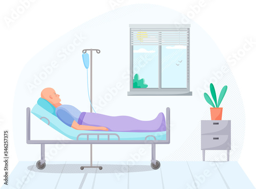 Person in hospital room, cancer patient on intravenous therapy treatment in warm, medical case on treatment, ill men on recovery in clinic, healthcare concept, vector