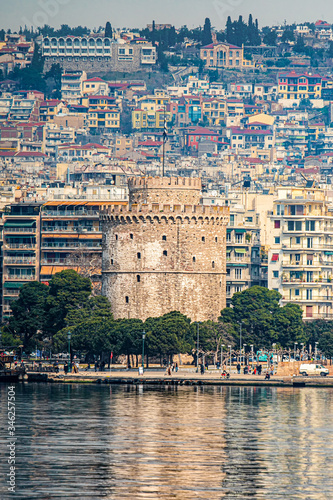 White Tower of Thessaloniki city, shot from the sea with tele lens