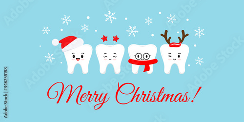 Cute smile teeth with xmas accessories on Merry Christmas dentist greeting card.