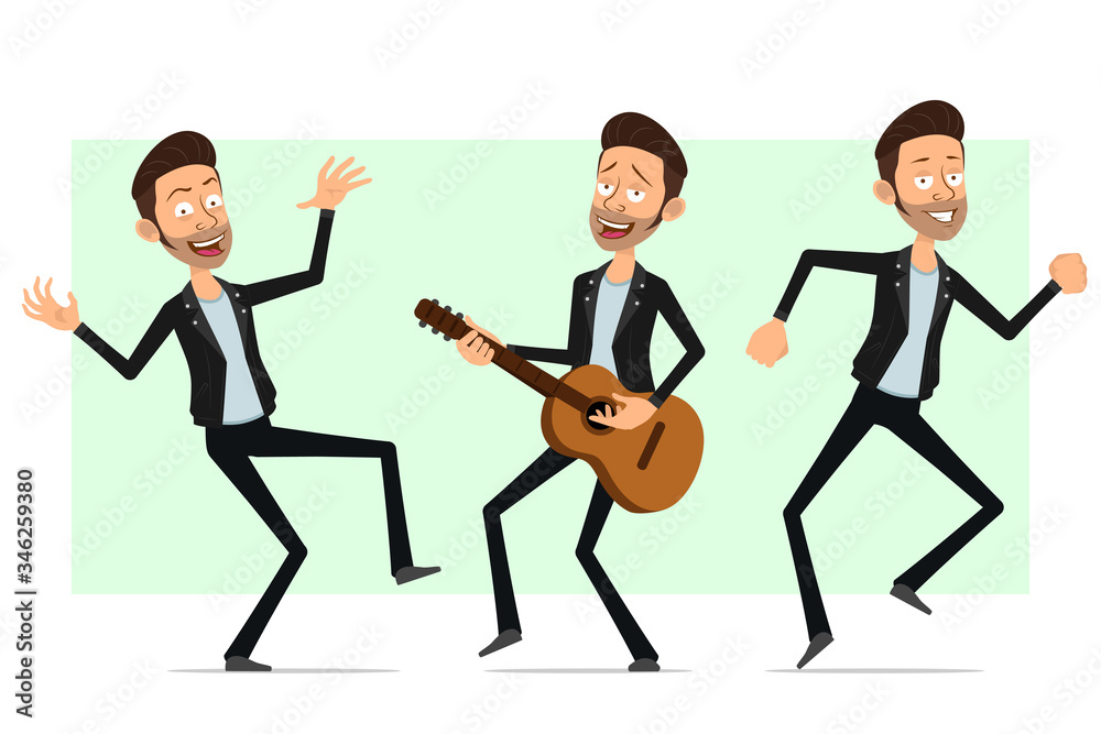Cartoon flat funny cute bearded rock and roll man character in leather jacket. Ready for animation. Smiling boy playing on guitar and dancing. Isolated on white background. Vector icon set. Cartoon flat funny cute bearded rock and roll man character in leather jacket. Ready for animation. Smiling boy playing on guitar and dancing. Isolated on white background. Vector icon set.