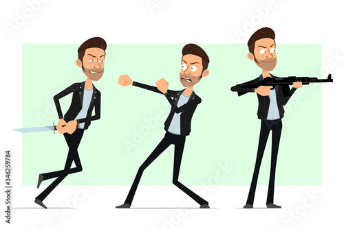 Cartoon flat funny cute bearded rock and roll man character in leather jacket. Ready for animation. Sly boy shooting with rifle and fighting with knife. Isolated on white background. Vector icon set. © GB_Art