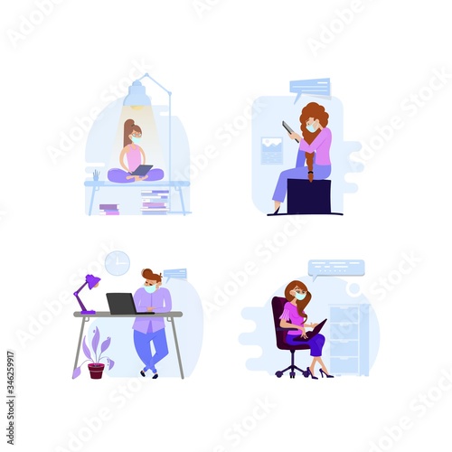 People working from home or office on quarantined masked tablets, as well as reading news about the economy or coronovirus ..