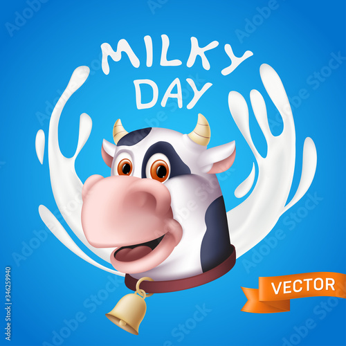 Milky day inscription consisting of white yogurt splashes and the smiling cow cartoon character head. Vector illustration of a horned domestic animal with a golden bell on a blue background