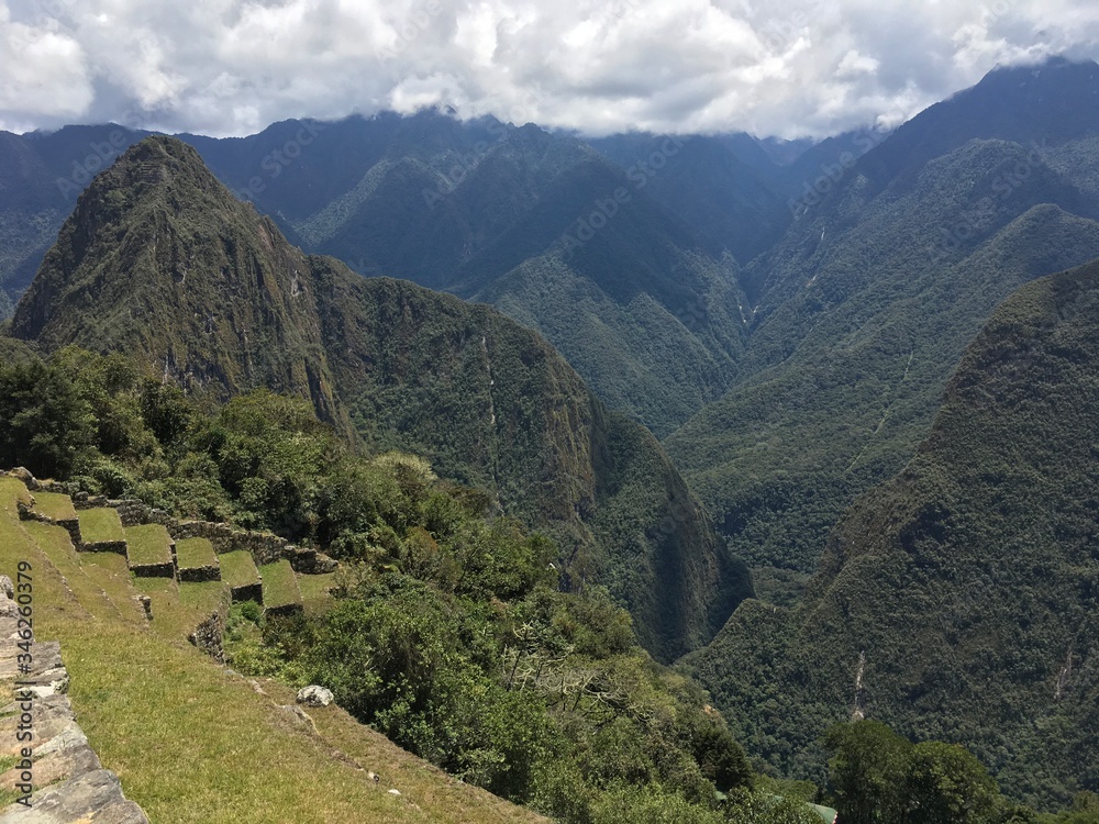 Beautiful panoramic view of famous mountains machu picchu peru, south america. Inca city, peruvian civilization. Green Landscape, panorama of andes
