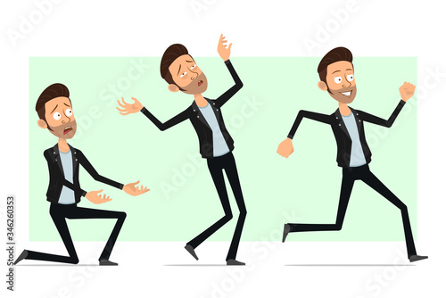 Cartoon flat funny bearded rock and roll man character in leather jacket. Ready for animation. Boy running, falling unconscious and standing on knee. Isolated on white background. Vector icon set.