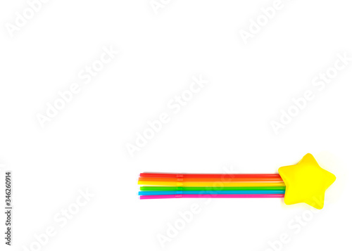 A comet of seven tubes of rainbow colors and a star. Isolated objects on a white background. The colors of the rainbow symbolize the movement of LGBT people. Greeting card to International Day Against