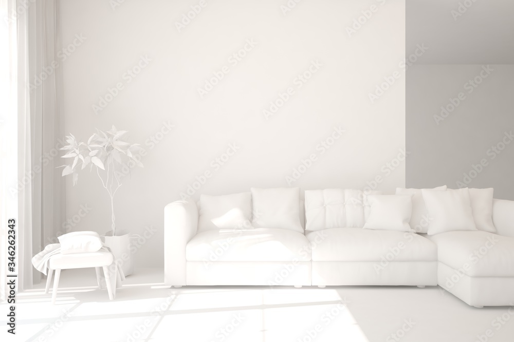 White minimalist living room with sofa. Scandinavian interior design. 3D illustration White minimalist living room with sofa. Scandinavian interior design. 3D illustration