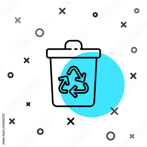 Black line Recycle bin with recycle symbol icon isolated on white background. Trash can icon. Garbage bin sign. Recycle basket sign. Random dynamic shapes. Vector Illustration
