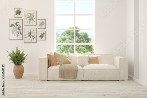 White living room with sofa and summer landscape in window. Scandinavian interior design. 3D illustration