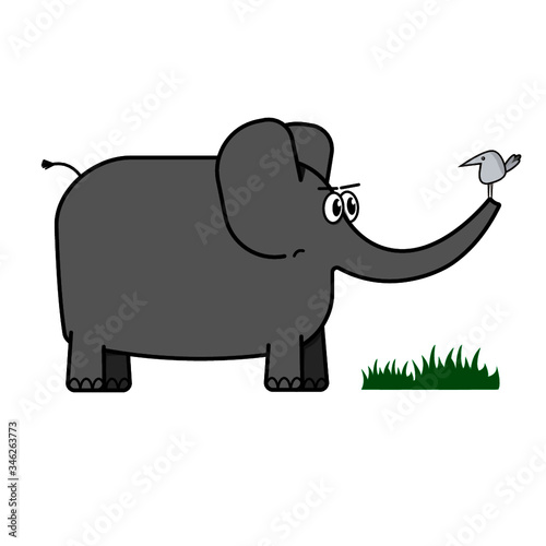 Elefante con un pájaro en la trompa.