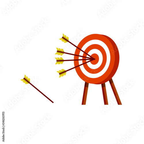 Target for arrows. Business concept several attempts. Shooting and championship. Cartoon flat illustration. Hit and miss on target. Red and white aim. Competition and victory