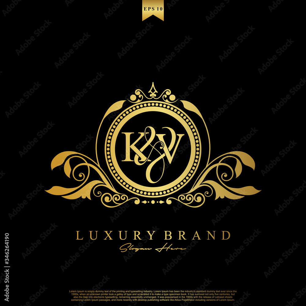 Logo Initial letter KV luxury vector mark, gold color elegant classical symmetric curves decor. Logo Initial letter KV luxury vector mark, gold color elegant classical symmetric curves decor.