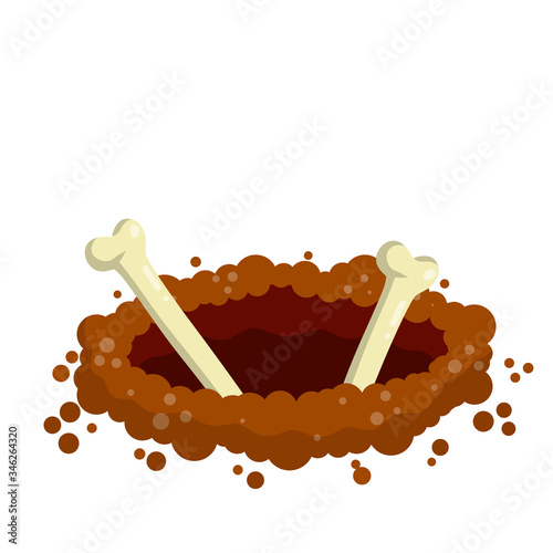 Hole in ground. Archaeology and excavations. Skeleton, burial and entombment. Scary element of Halloween. Cartoon flat illustration. Bone of man in grave