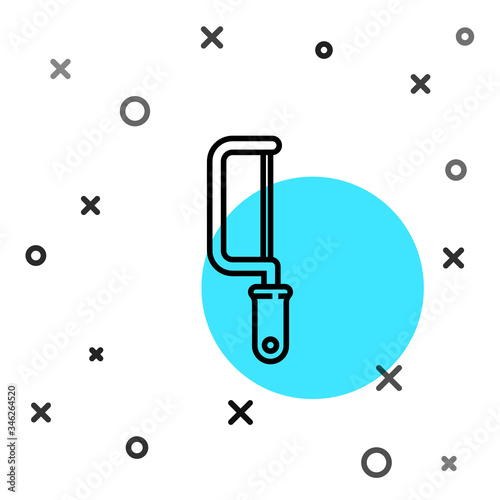 Black line Hacksaw icon isolated on white background. Metal saw for wood and metal. Random dynamic shapes. Vector Illustration