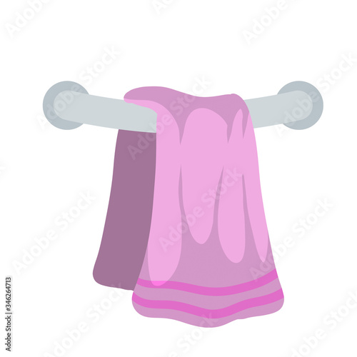 Pink towel on holder. Object on wall. Cartoon flat illustration. Element of bath, shower and kitchen. dry off with towel