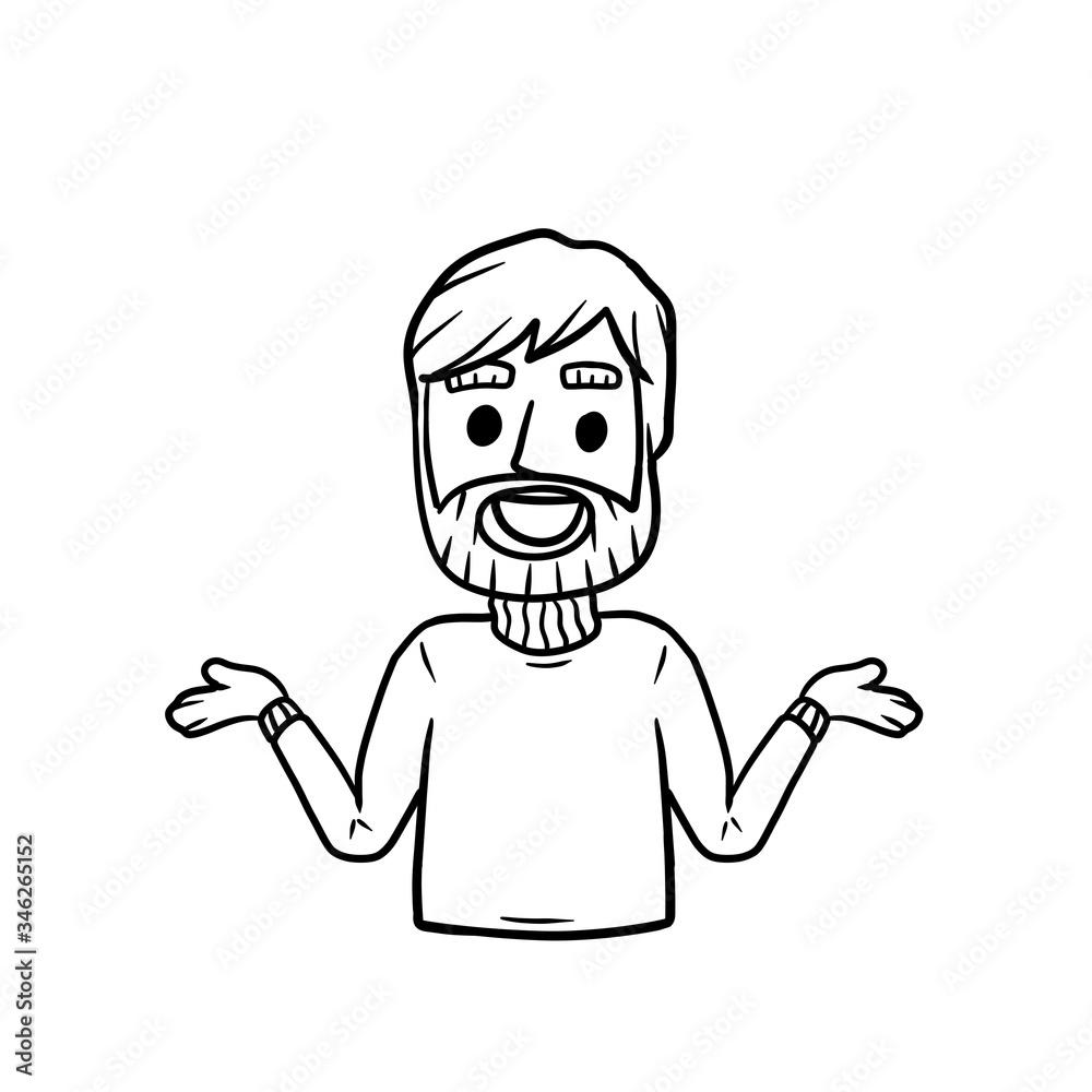 Man with Spread hands. Smiling young bearded man in shirt. Doubt and timidity. Hand drawn sketch cartoon. Uncertainty and shrugging. Funny illustration Man with Spread hands. Smiling young bearded man in shirt. Doubt and timidity. Hand drawn sketch cartoon. Uncertainty and shrugging. Funny illustration