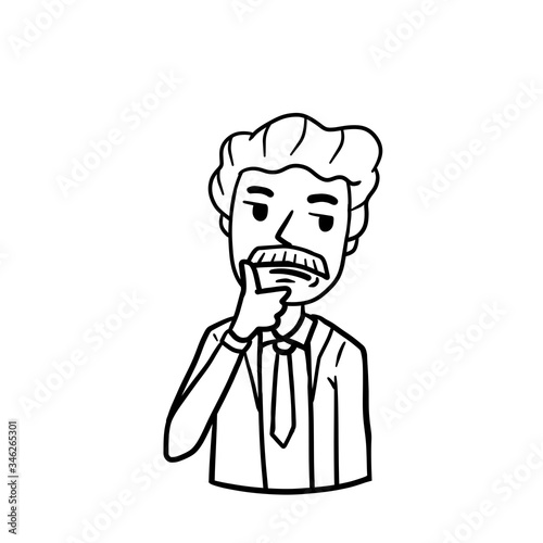 Old thoughtful man holds hand to chin. Dreamy and pensive senior. Gesture of doubt. Complex issue. Solve problems. Suspicion and distrust. Cartoon hand drawn sketch. brooding and wistful emotion